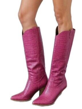 Journee Collection Therese Pink Croc Embossed Knee High Western Boots Size 12 XW